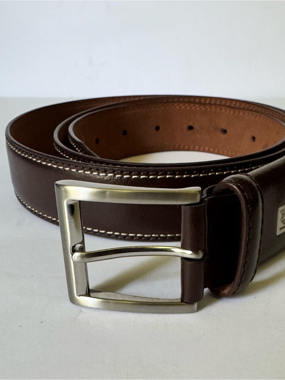 Lee Men's 45” Dark Brown Leather Belt with Silver Buckle 1.25” Width